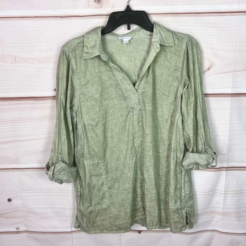 J Jill Love Linen Top Womens PS Green Tunic Shirt Pockets Tab Sleeve Pullover